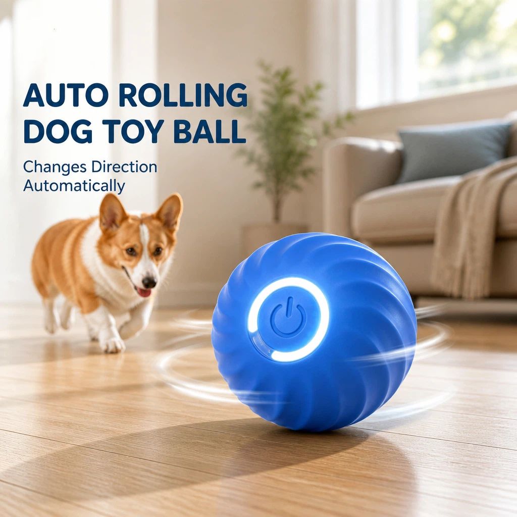 A corgi chasing a blue self-rolling ball