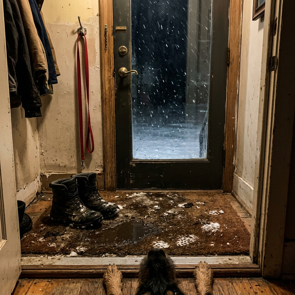 Leash and snow boots by the front door while snow falls outside and a dog waits