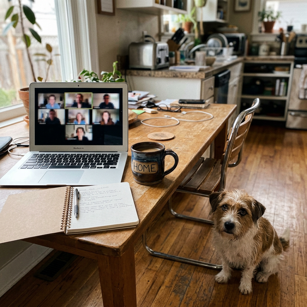 A small dog staring up from beside a desk while its owner is on a video call