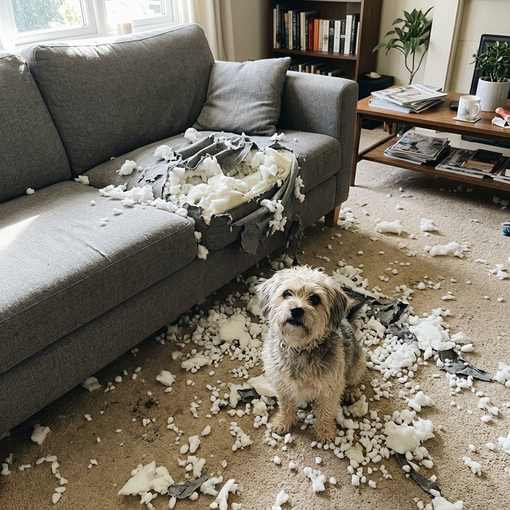 A dog sitting in shredded couch cushion stuffing