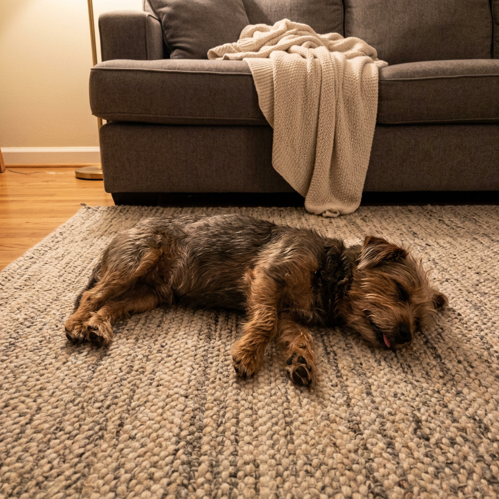 A dog fast asleep on a living room rug
