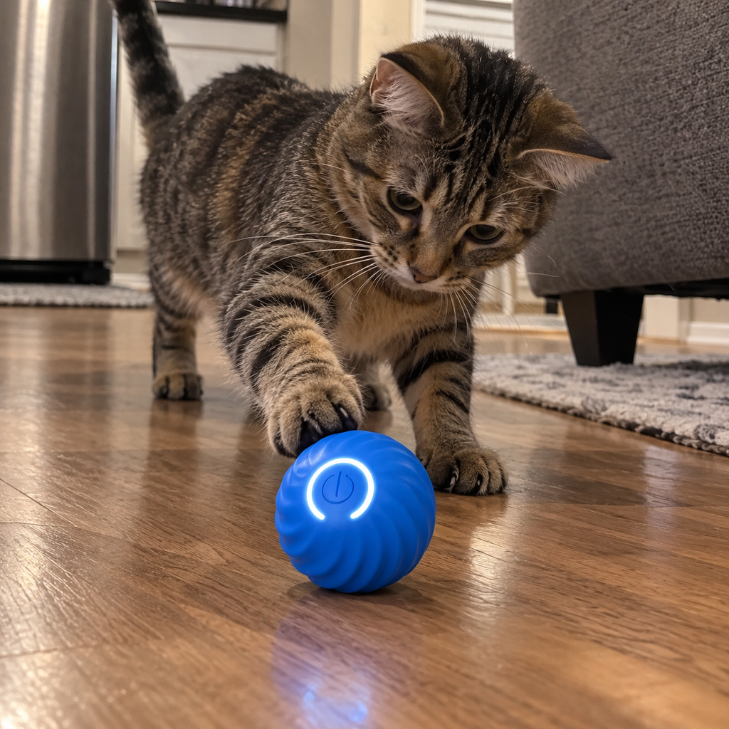 Tabby cat batting the Chase Ball on a wood floor