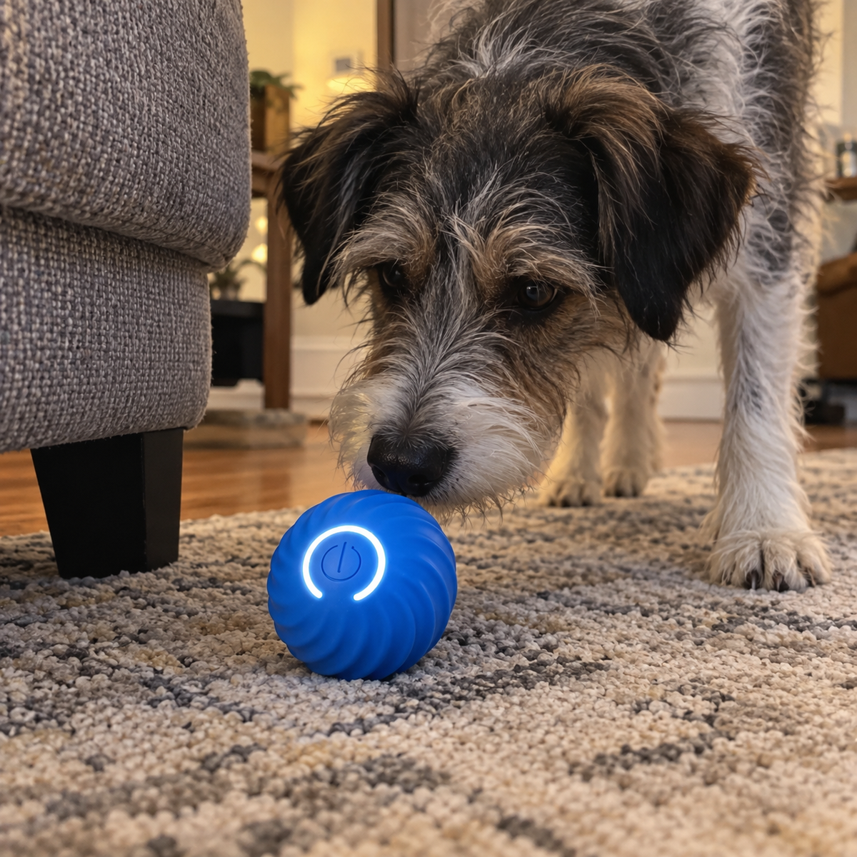 Dog nosing the Chase Ball on a living room rug