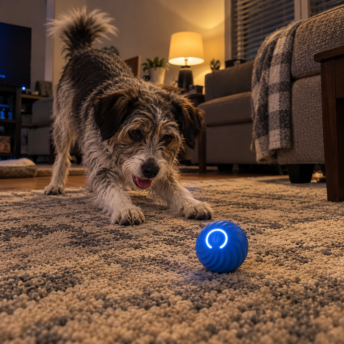 Dog in a play bow at night as the Chase Ball's light ring glows