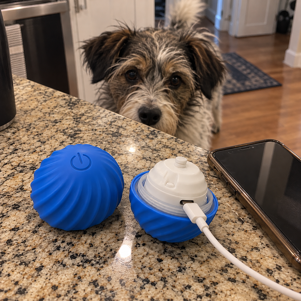 Chase Ball twisted open and charging with a USB-C cable
