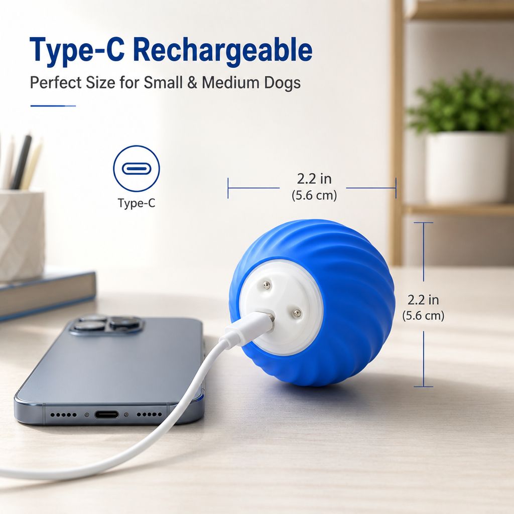 Chase Ball charging with its USB-C cable, 2.2 inches across