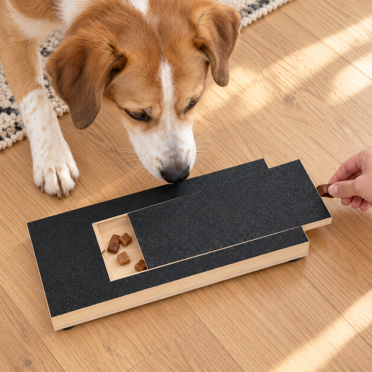 Sliding lid pulled back by its tab to show the treat compartment