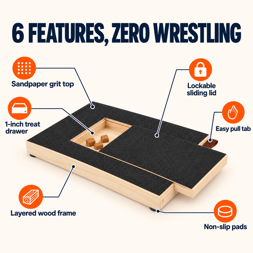 Six features: grit top, 1-inch treat drawer, lockable sliding lid, layered wood frame, non-slip pads, pull tab
