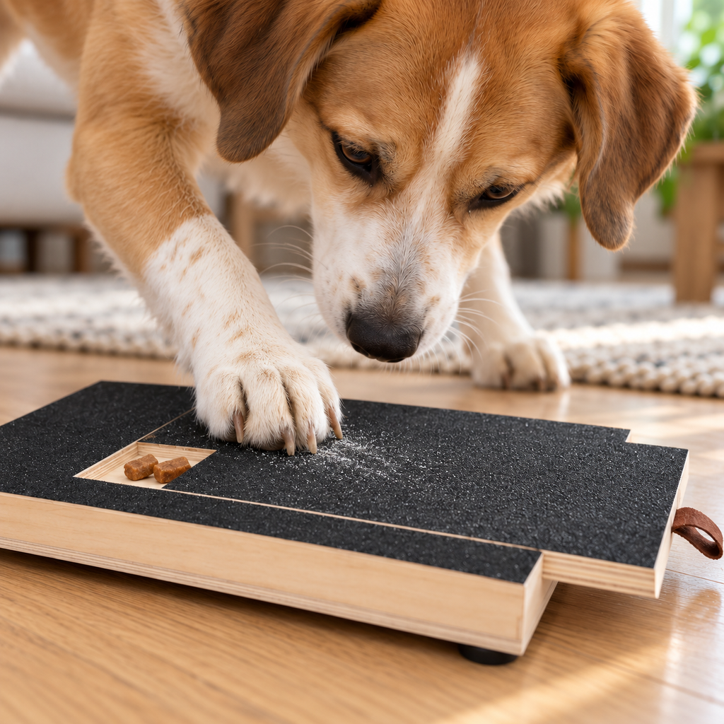Close-up of a dog's paw filing its nails on the grit surface