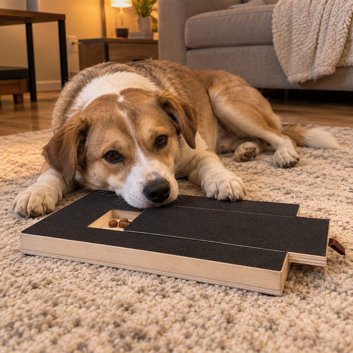 Medium dog lying next to the board, showing its laptop-sized footprint